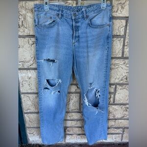 & Denim Boyfriend Low Waist Men's Blue Distressed Jeans Size 31